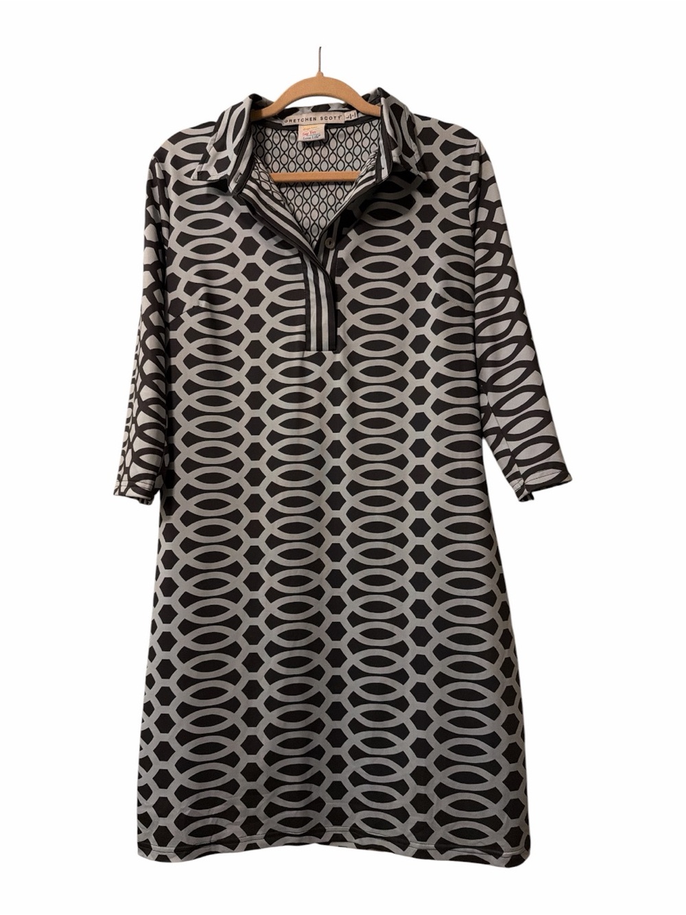Gretchen Scott Geometric Mod 3/4 Sleeve Tunic Dress Black Gray L